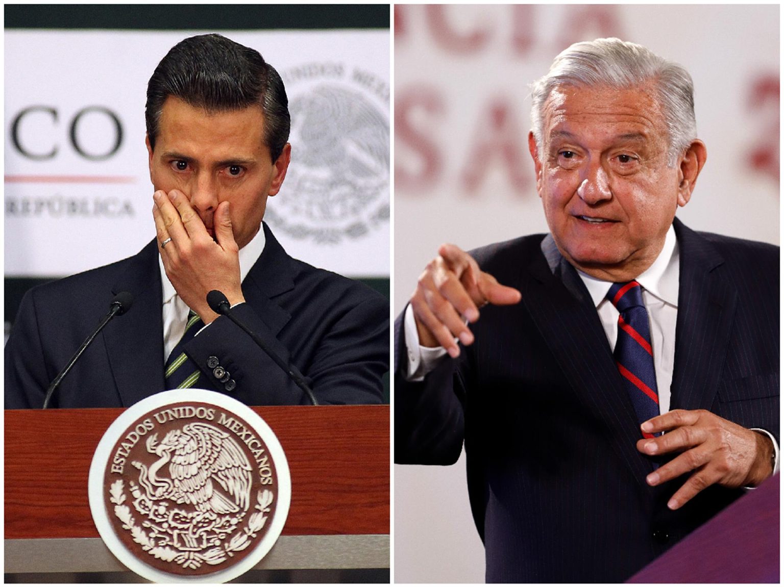 Combo de fotografías de archivo muestra al expresidente mexicano Enrique Peña Nieto (i) y al actual mandatario Andrés Manuel López Obrador durante diferentes actos en la Ciudad de México (México). EFE/Alex Cruz