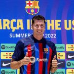 El delantero polaco Robert Lewandowski durante su presentación como nuevo jugador del FC Barcelona, este 20 de julio de 2022, en Fort Lauderdale, Florida. EFE/Cristóbal Herrera