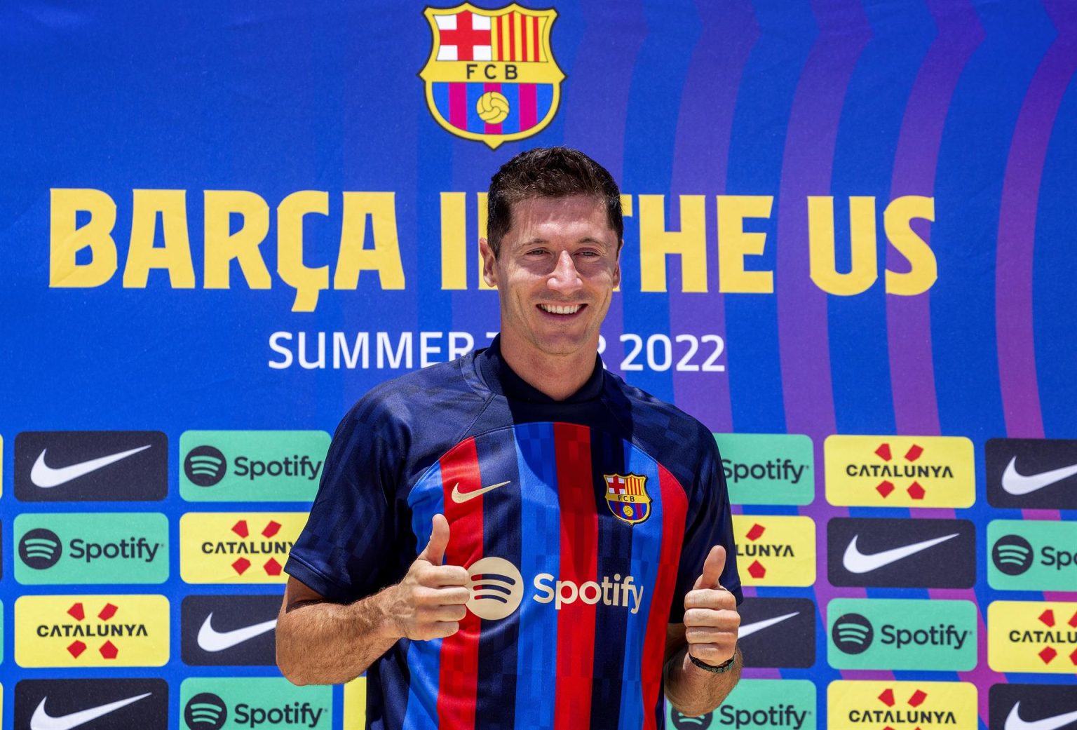 El delantero polaco Robert Lewandowski durante su presentación como nuevo jugador del FC Barcelona, este 20 de julio de 2022, en Fort Lauderdale, Florida. EFE/Cristóbal Herrera