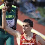 El español Mariano García reacciona hoy, en 800m masculino en los Campeonatos mundiales de atletismo que se realizan en el estadio Hayward Field en Eugene (EE.UU.). EFE/ Kai Forsterling