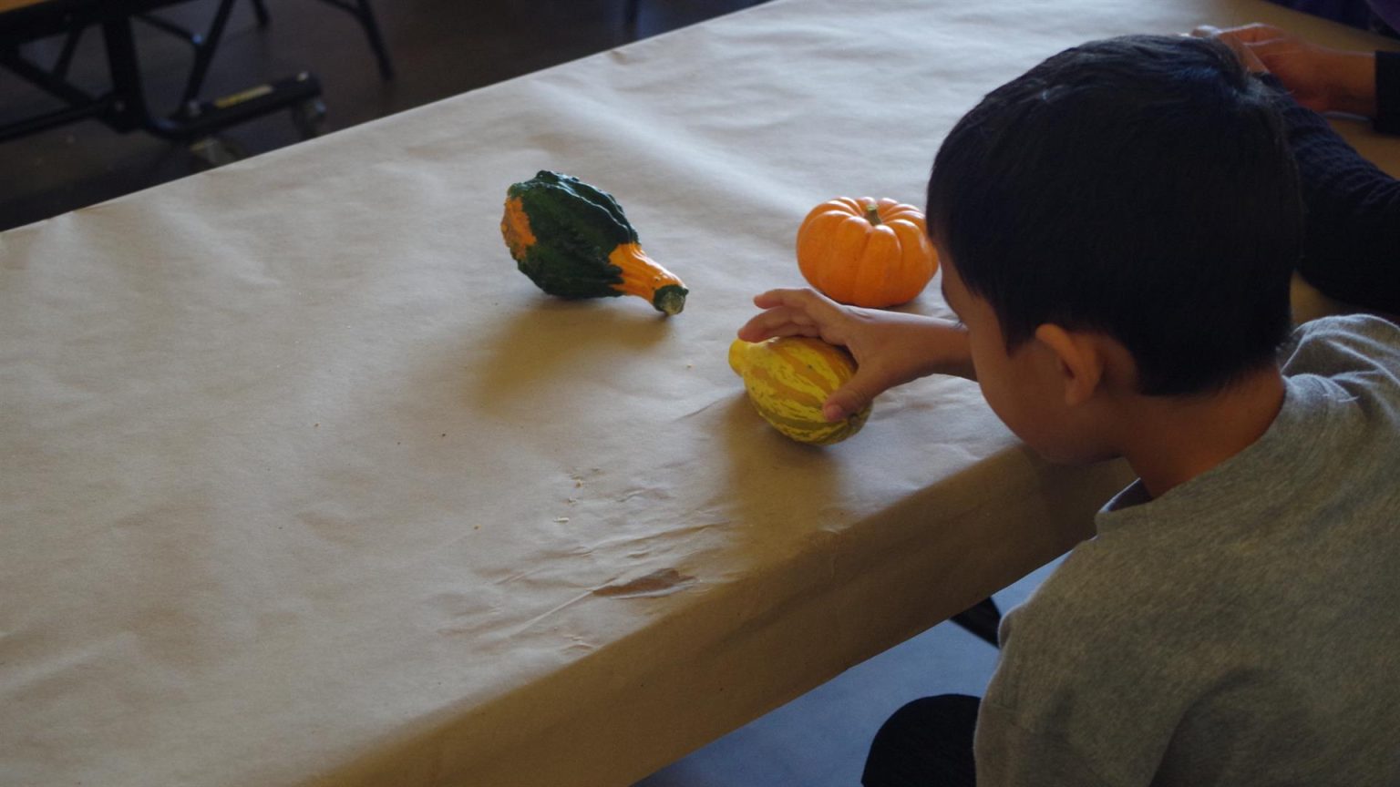 Un niño juega con unas calabazas durante un almuerzo. Imagen de archivo. EFE/Francisco Miraval