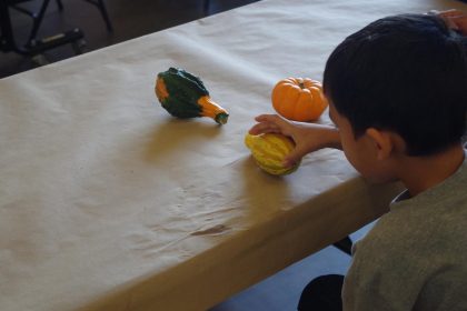 Un niño juega con unas calabazas durante un almuerzo. Imagen de archivo. EFE/Francisco Miraval