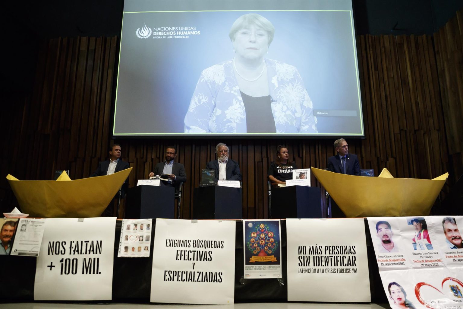 La alta comisionada de la Organización de las Naciones Unidas (ONU) para los Derechos Humanos, Michelle Bachelet, da un mensaje videograbado hoy, durante la presentación de la tercera edición del libro "La desaparición forzada en México: una mirada desde los Organismos del sistema de Naciones Unidas", en Ciudad de México (México). EFE/José Méndez