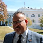 El ministro de Educación de Estados Unidos, Miguel Cardona, habla durante una entrevista con Efe, en la Casa Blanca, en Washington (Estados Unidos). EFE/ Octavio Guzmán