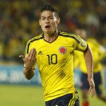 James Rodríguez anotó el primero de los cuatro goles con los que la selección colombiana de fútbol se impuso 4-1 a su similar de Guatemala, en partido amistoso disputado en Harrison (Nueva Jersey, EE.UU.). En la imagen un registro de archivo de otra de las celebraciones de Rodríguez con su selección. EFE/Carlos Durán