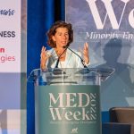 Fotografía cedida por el Departamento de Comercio de Estados Unidos donde aparece su secretaria, Gina Raimondo, mientras habla durante la Conferencia de la Semana Nacional de Desarrollo de Empresas Minoritarias (MED Week) este 21 de septiembre en Washington. EFE/Departamento de Comercio EEUU /SOLO USO EDITORIAL /NO VENTAS /SOLO DISPONIBLE PARA ILUSTRAR LA NOTICIA QUE ACOMPAÑA /CRÉDITO OBLIGATORIO