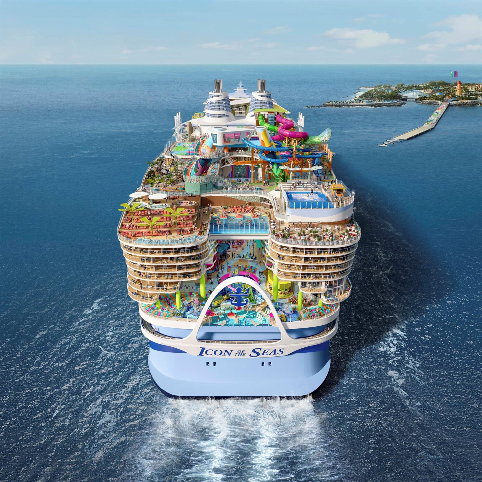 Fotografía cedida por Royal Caribbean donde se muestra una imagen conceptual del crucero Icon of the Seas que operará desde Miami (Florida) a partir de enero de 2024 y tendrá diecinueve pisos, capacidad para unos 5.600 pasajeros y unos 3.000 tripulantes y artistas, siete piscinas, más de 40 bares, restaurantes y locales de ocio nocturno, espacios para pasajeros de todas las edades y entretenimiento para todos los gustos. EFE/ Royal Caribbean SOLO USO EDITORIAL SOLO DISPONIBLE PARA ILUSTRAR LA NOTICIA QUE ACOMPAÑA (CRÉDITO OBLIGATORIO)