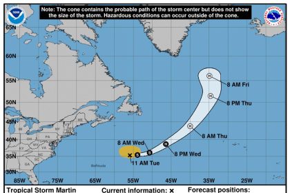 Imagen cedida por la Oficina Nacional de Administración Oceánica y Atmosférica (NOAA) a través del Centro Nacional de Huracanes (NHC) donde se muestra el pronóstico de cinco días de la trayectoria de la tormenta tropical Martin por el Atlántico. EFE/NOAA-NHC