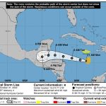 Fotografía cedida el pasado 1 de noviembre por la Oficina Nacional de Administración Oceánica y Atmosférica (NOAA) de EE.UU., a través del Centro Nacional de Huracanes (NHC), donde se graficó el pronóstico de cinco días del paso de la tormenta tropical Lisa por el Atlántico y Centroamérica. EFE/ NOAA-NHC