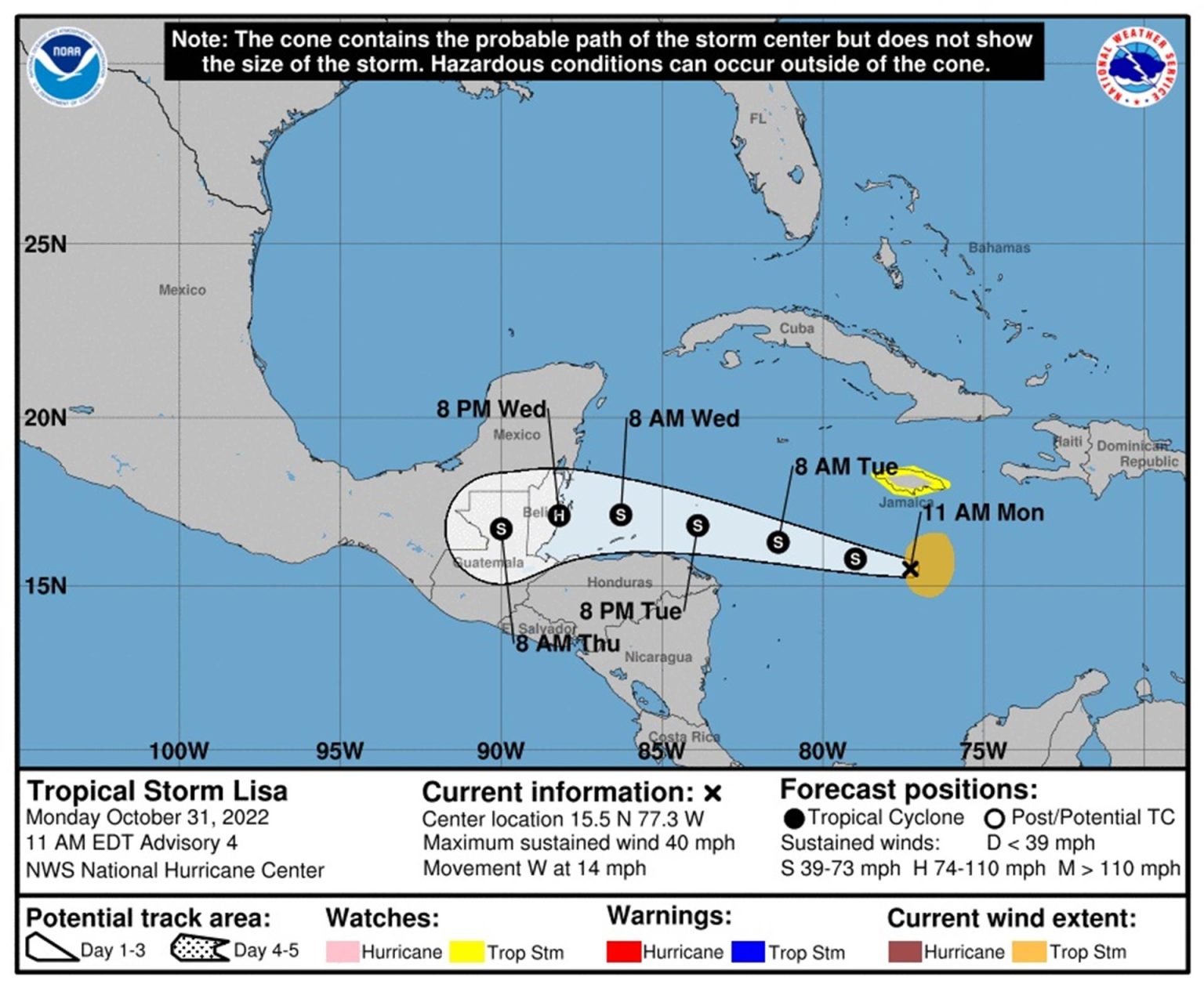 Fotografía cedida el pasado 1 de noviembre por la Oficina Nacional de Administración Oceánica y Atmosférica (NOAA) de EE.UU., a través del Centro Nacional de Huracanes (NHC), donde se graficó el pronóstico de cinco días del paso de la tormenta tropical Lisa por el Atlántico y Centroamérica. EFE/ NOAA-NHC