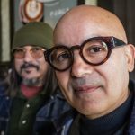 Los integrantes del grupo Nortec Collective, Pepe Mogt "Fussible" (i) y Ramón Amezcua "Bostich", posan al término de una entrevista con EFE hoy, en la ciudad de Tijuana, Baja California (México). EFE/Joebeth Terriquez