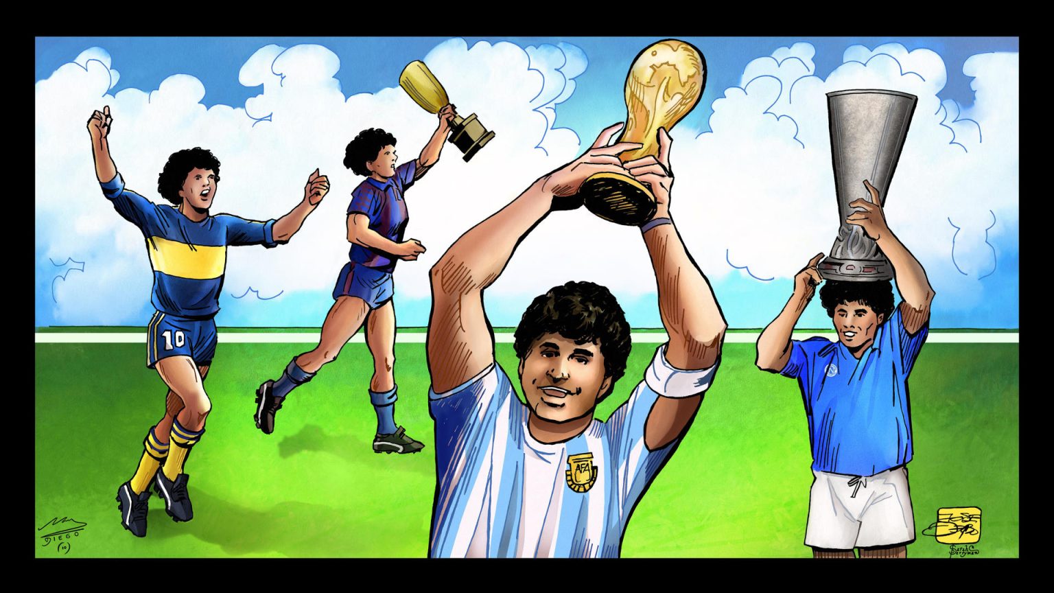 Fotografía cedida por la plataforma de arte digital NFT Nifty Gateway donde se muestra la obra del argentino José Delbo, titulada "El Pibe de Oro", que muestra a Maradona en diferentes momentos culminantes de su carrera, y que tendrá 10 ediciones que se venderán mediante un formato de subasta clasificada, que estará abierta durante 24 horas. EFE/ José Delbo/Nifty Gateway SÓLO USO EDITORIAL/SÓLO DISPONIBLE PARA ILUSTRAR LA NOTICIA QUE ACOMPAÑA (CRÉDITO OBLIGATORIO)