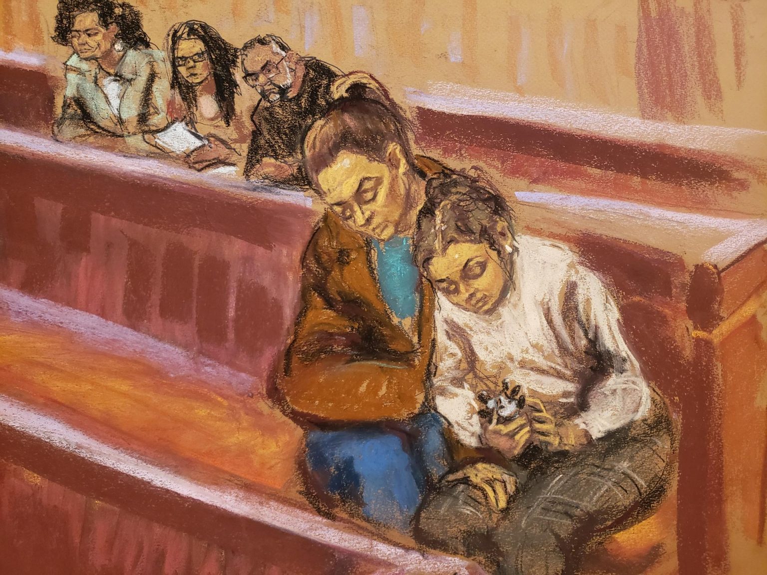 Reproducción fotográfica de un dibujo realizado por la artista Jane Rosenberg donde aparece Cristina Pereyra, esposa del exsecretario de Seguridad mexicano Genaro García Luna, mientras sostiene a su hija Luna Sofía durante el juicio de su marido hoy viernes en el Tribunal Federal del Este de Nueva York, situado en el distrito de Brooklyn (EE.UU.). EFE/ Jane Rosenberg