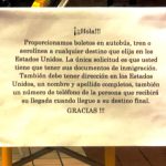 Fotografía de un mensaje escrito en español que especifica: "Proporcionamos boletos en autobús, tren o aerolínea a cualquier destino que elija en los Estados Unidos", puesto en la entrada del complejo habilitado para los inmigrantes en la estación de autobuses de Port Authority en Nueva York (EEUU). EFE/Javier Otazu MÁXIMA CALIDAD DISPONIBLE