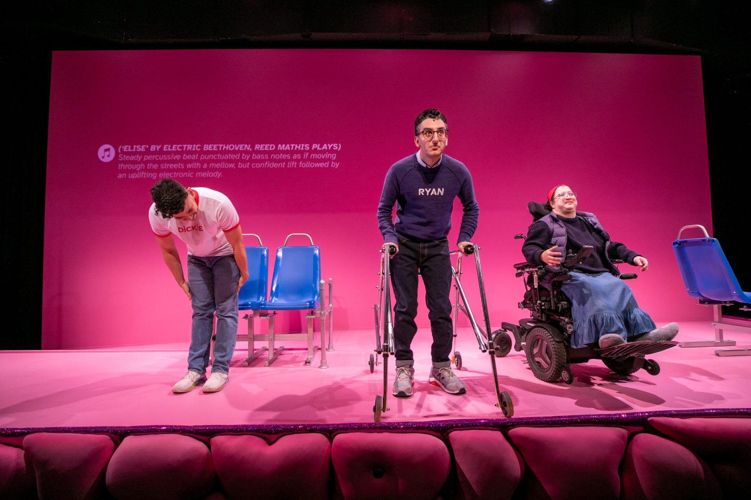 Fotografía cedida por The Public Theater donde aparecen (i-d) Dickie Hearts, Ryan J. Haddad, y Alejandra Ospina en el escenario durante una escena de la obra teatral "Dark Disabled Stories" . EFE/The Public Theatre