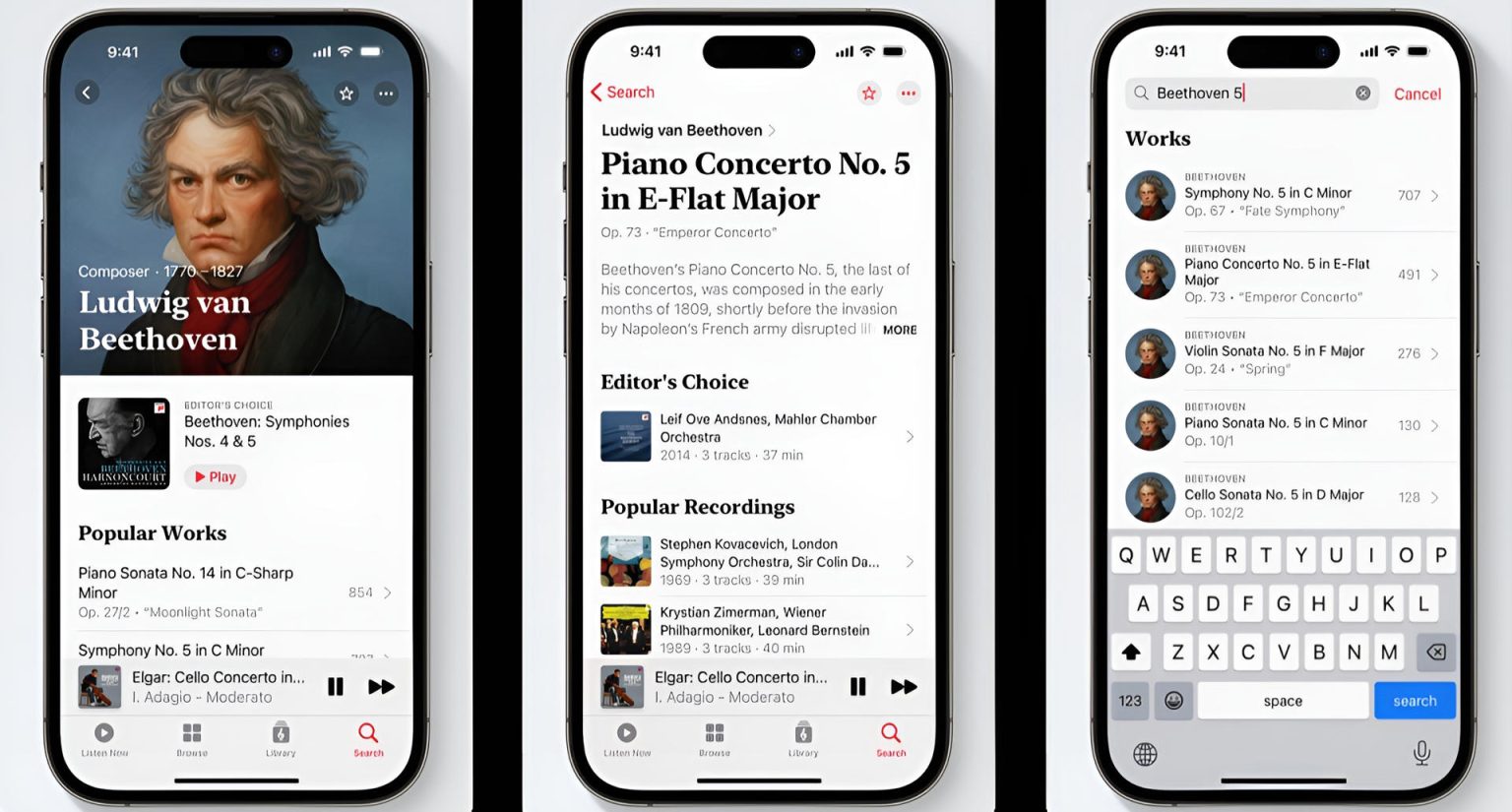 Fotografía promocional cedida por Apple donde se muestran tres ventanillas de su nueva aplicación "Apple Music Classical", diseñada específicamente para este género, que según anunció este jueves lanzará el 28 de marzo y que estará disponible sin costo adicional para los suscriptores Apple Music. EFE/Apple /SOLO USO EDITORIAL /NO VENTAS /SOLO DISPONIBLE PARA ILUSTRAR LA NOTICIA QUE ACOMPAÑA /CRÉDITO OBLIGATORIO