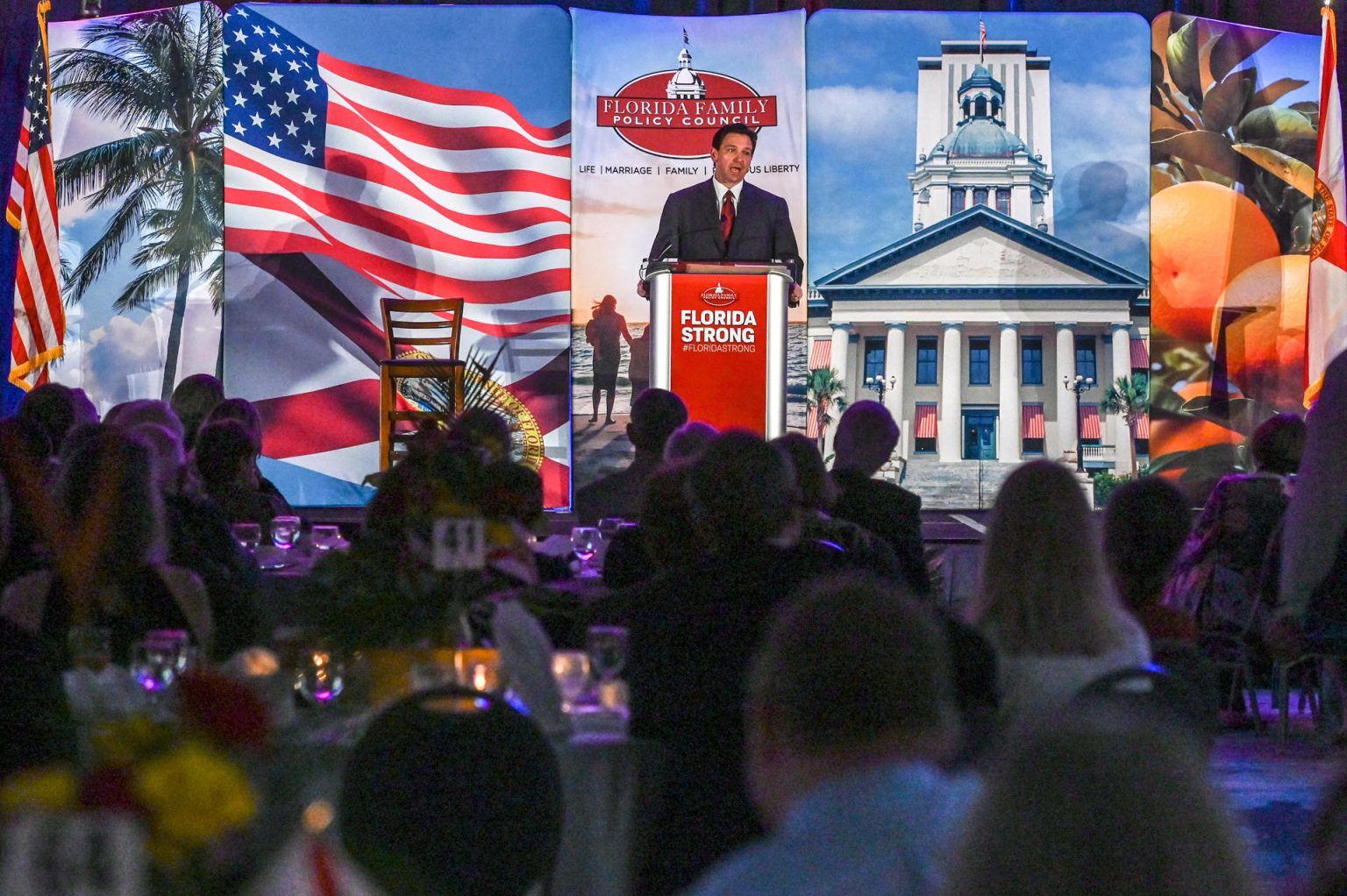 El gobernador de Florida, el republicano Ron DeSantis, habla durante la 18 cena de gala anual de la organización Florida Family Policy Council en Orlando, Florida (EE.UU.). Imagen de archivo. EFE/Giorgio Viera