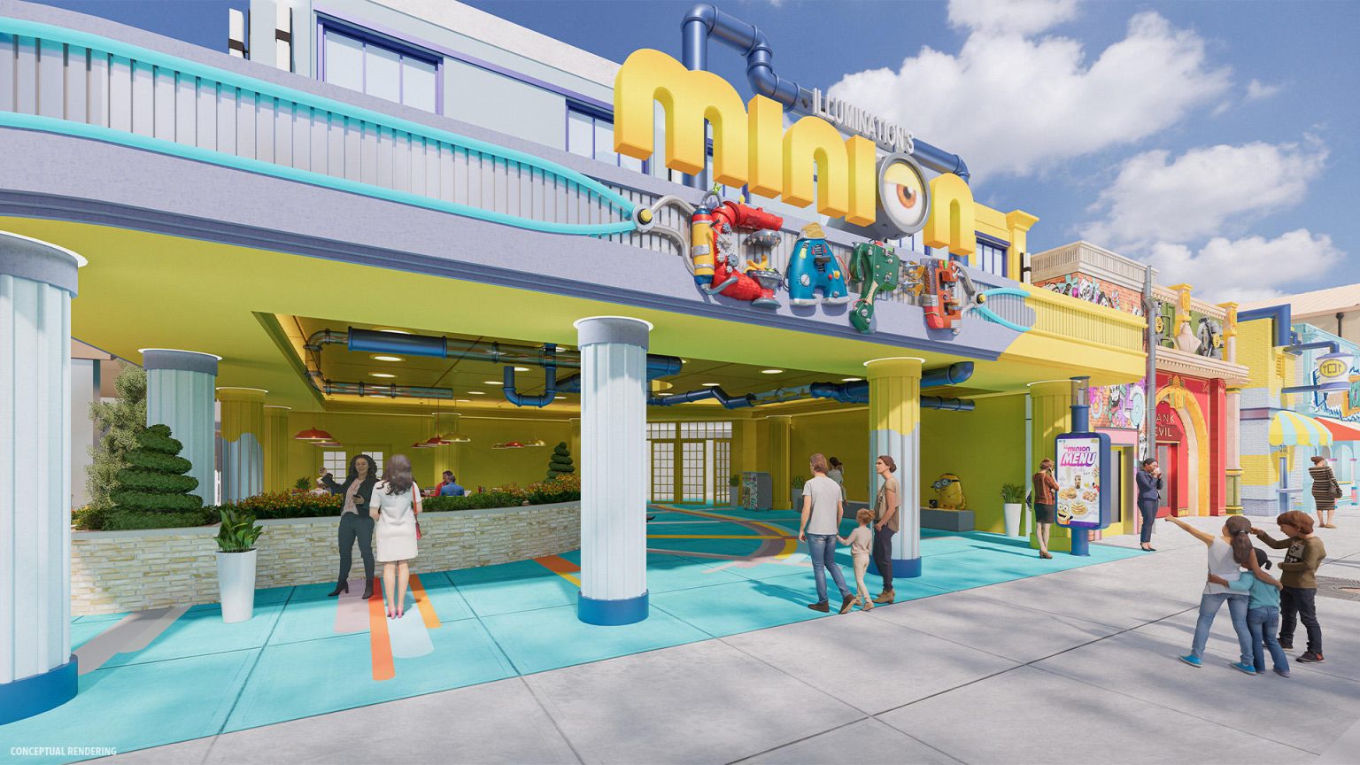 Fotografía cedida por NBCUniversal de un boceto donde aparece el "Minion Cafe", el restaurante principal de la nueva atracción "Minion Land" (Tierra de los Minions) que abrirá sus puertas al público este verano en el complejo de parques temáticos Universal Orlando Resort, localizado en Orlando en el centro de Florida. EFE/NBCUniversal /SOLO USO EDITORIAL/NO VENTAS/SOLO DISPONIBLE PARA ILUSTRAR LA NOTICIA QUE ACOMPAÑA/CRÉDITO OBLIGATORIO