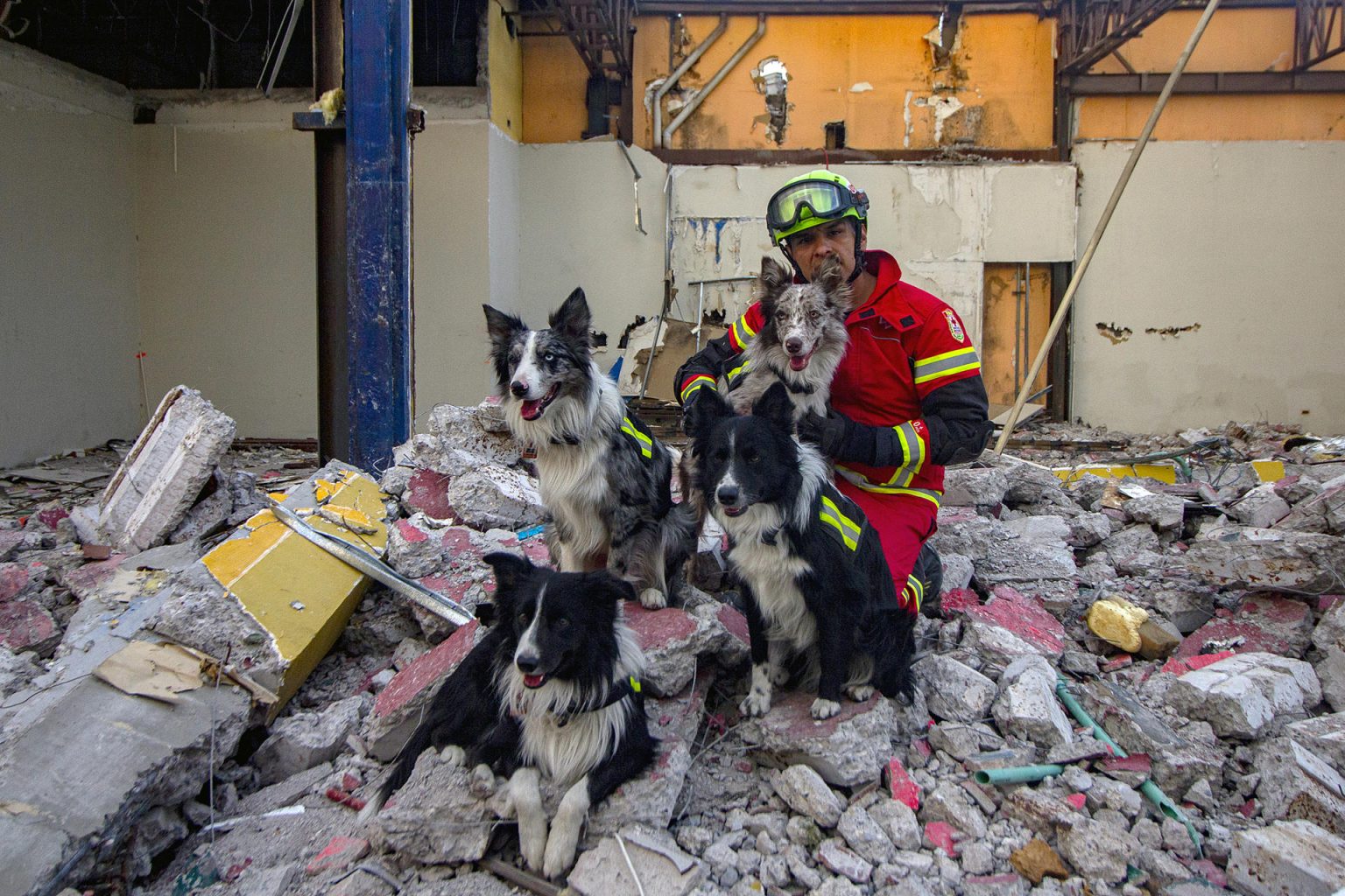 El guía canino de la Cruz Roja Mexicana, Edgar Martínez, posa con los perros de rescate Balam, Orly, Rocky y Robinson durante un entrenamiento el 19 de mayo de 2023, en Querétaro (México). EFE/ Sergio Adrián Ángeles