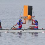 Las remeras cubanas (de i a d) Yariulvis Cobas, Milena Venega, Ana Jiménez y Natalie Morales fueron registradas este martes, 26 de junio, al celebrar la obtención de la medalla de oro de la prueba cuatro scull del remo femenino de los Juegos Centroamericanos y del Caribe 2023, en San Salvador (El Salvador). EFE/José Jácome