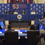 Fotografía general de un foro sobre la democracia y derechos humanos, durante el dialogo con los Jefes de Delegación de los observadores permanentes en el marco del 53ava Asamblea General de la OEA, hoy en Washington (EE.UU). EFE/Lenin Nolly.