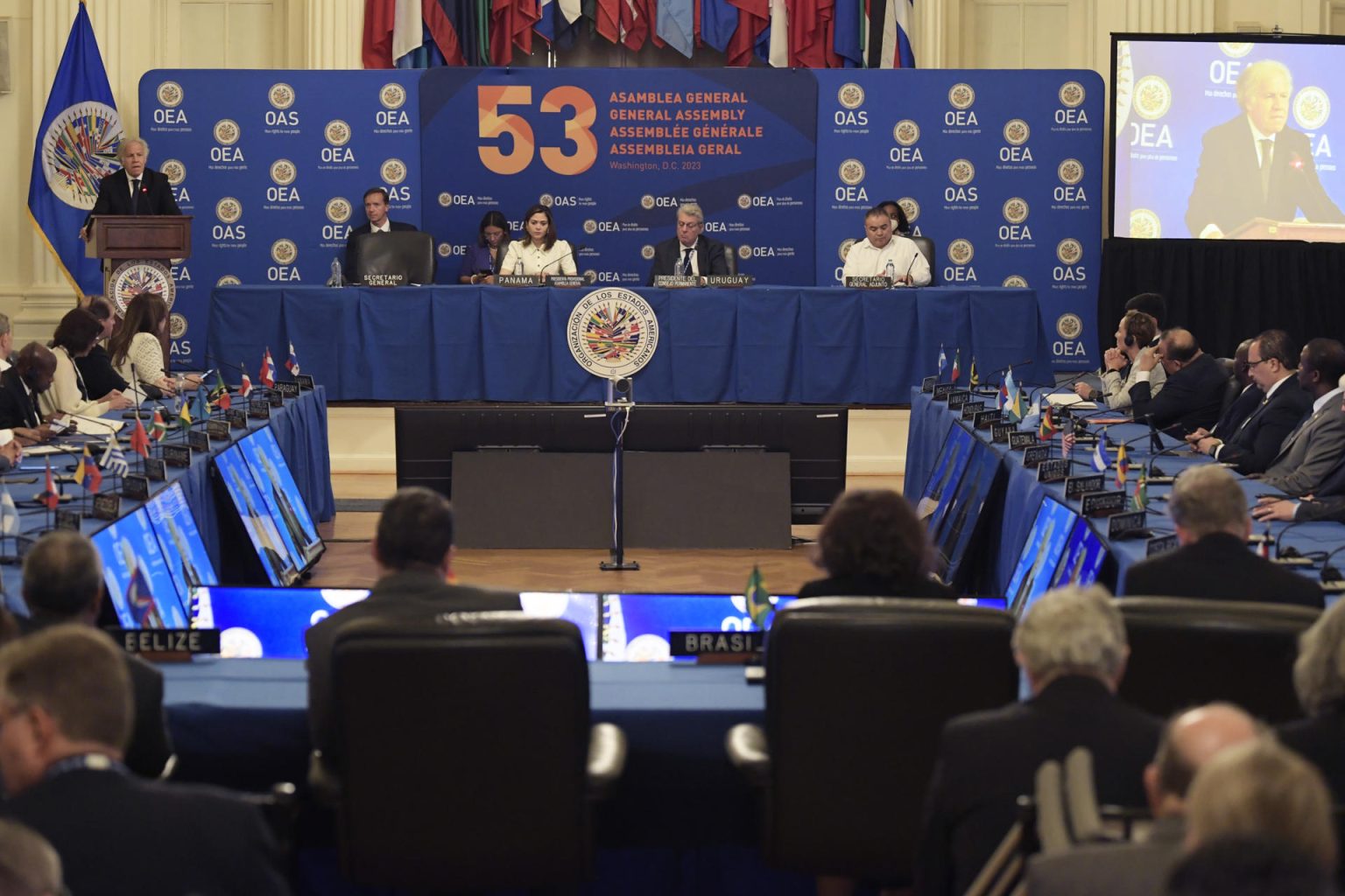 Fotografía general de un foro sobre la democracia y derechos humanos, durante el dialogo con los Jefes de Delegación de los observadores permanentes en el marco del 53ava Asamblea General de la OEA, hoy en Washington (EE.UU). EFE/Lenin Nolly.