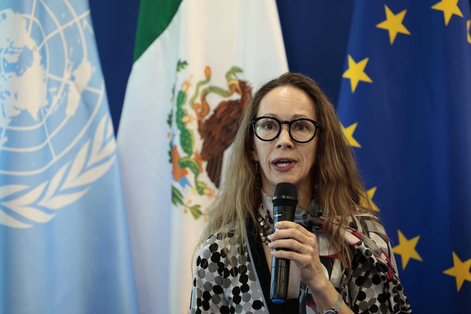 Dana Graber, jefa de misión en México de la Organización Internacional para las Migraciones (OIM), habla hoy durante una conferencia de prensa en Ciudad de México (México). EFE/José Méndez