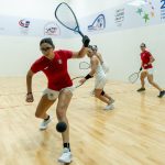 Alexandra Herrera (i) y Monserrat Mejía (d) de México enfrentan a Ana Martínez y María Rodríguez de Centro Caribe Sports hoy, durante la final de racquetbol femenino dobles en los Juegos Centroamericanos y del Caribe en Santo Domingo (República Dominicana). EFE/ Francesco Spotorno