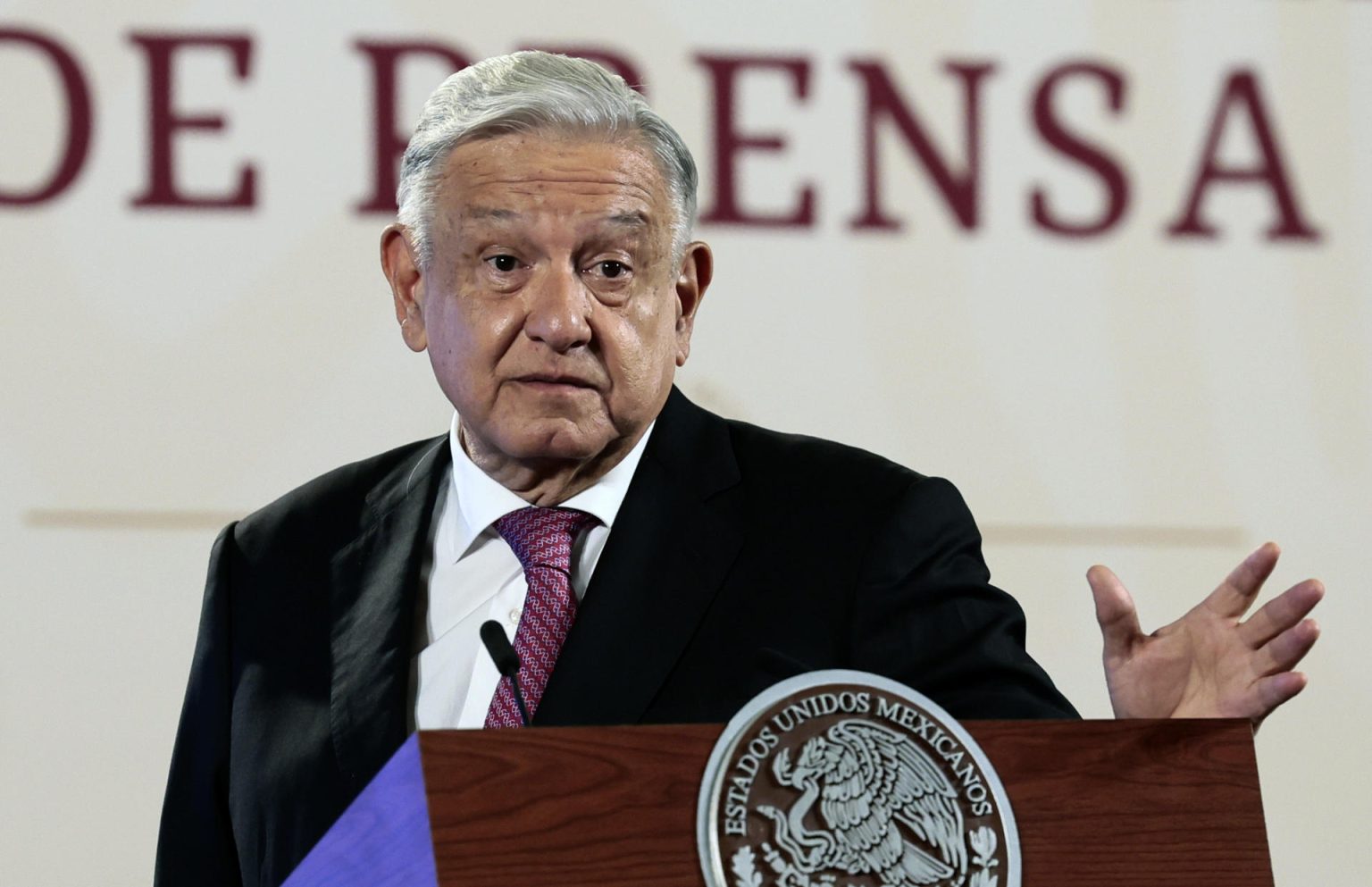 El presidente de México, Andrés Manuel López Obrador, habla hoy durante su conferencia de prensa matutina en el Palacio Nacional, en Ciudad de México (México). EFE/José Méndez