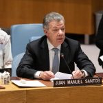 Fotografía cedida hoy por la ONU donde aparece el expresidente colombiano Juan Manuel Santos, Nobel de Paz 2016, mientras habla durante la reunión del Consejo de Seguridad realizada este martes en la sede del organismo en Nueva York (EE.UU). EFE/ONU /Manuel Elías /SOLO USO EDITORIAL /SOLO DISPONIBLE PARA ILUSTRAR LA NOTICIA QUE ACOMPAÑA (CRÉDITO OBLIGATORIO)