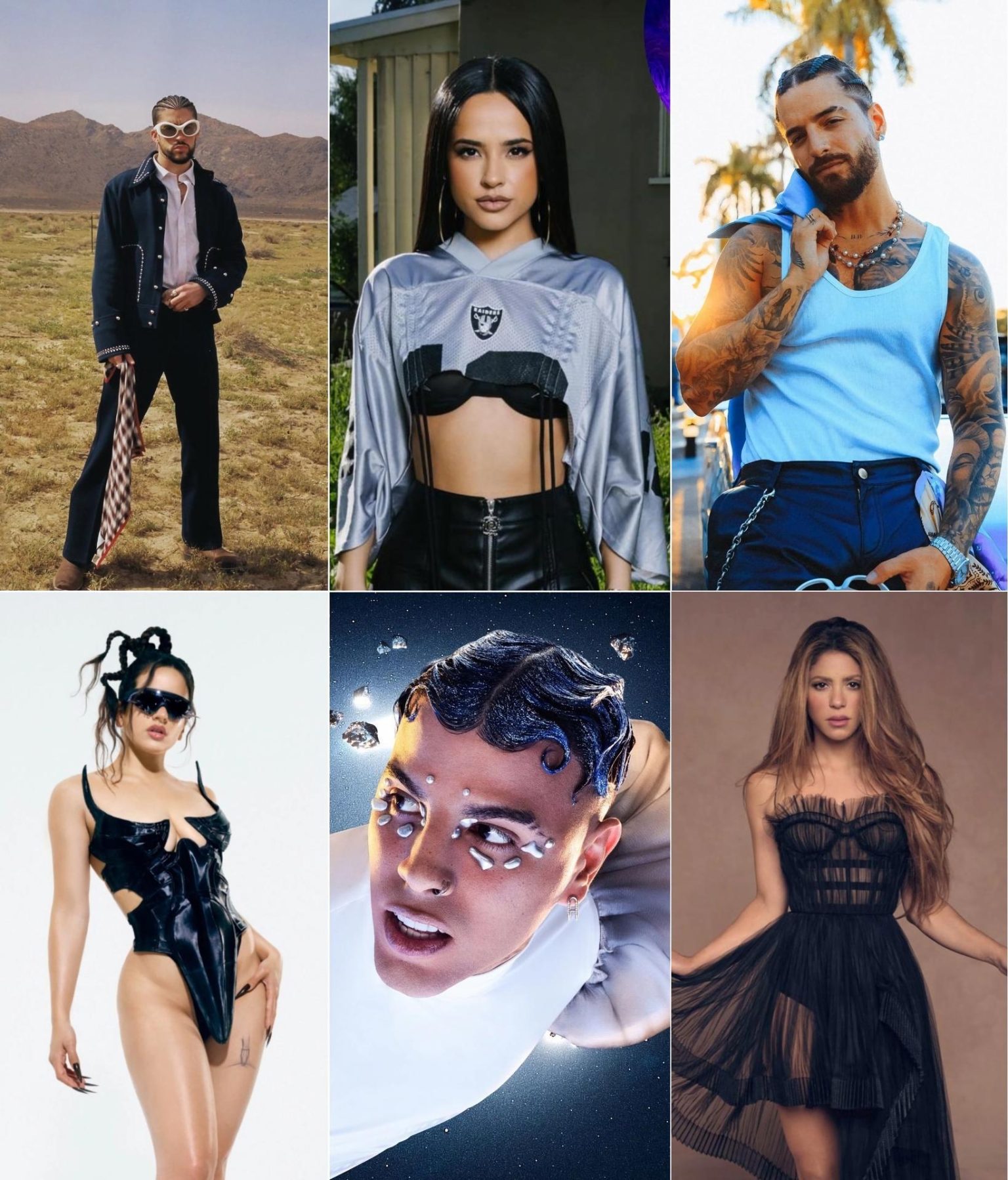 Composición de seis fotografías cedidas por los Premios Juventud donde aparecen los artistas Bad Bunny, Becky G, Maluma, Rosalía, Rauw Alejandro, y Shakira, que encabezan con nueve nominaciones la edición de estos premios que se llevarán a cabo el 20 de julio en Puerto Rico. EFE/Premios Juventud /SOLO USO EDITORIAL/NO VENTAS/SOLO DISPONIBLE PARA ILUSTRAR LA NOTICIA QUE ACOMPAÑA/CRÉDITO OBLIGATORIO