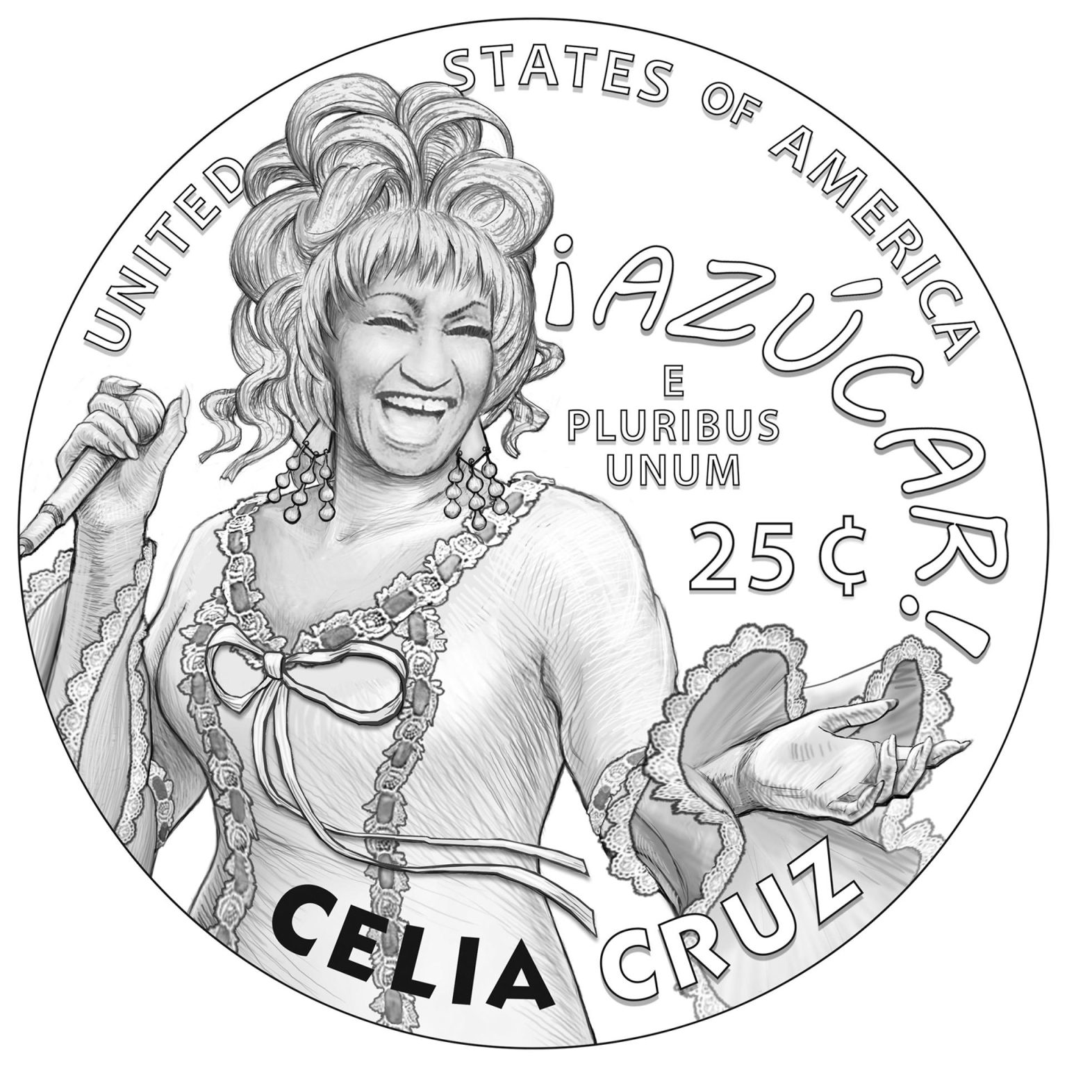 Imagen cedida por la Casa de Moneda de los Estados Unidos que muestra una pieza artística de cómo sería la moneda de Celia Cruz que circulará en EEUU en 2024. La famosa cantante cubana Celia Cruz, de cuya muerte se cumplieron 20 años el pasado 16 de julio, y su popular exclamación "¡Azúcar!" aparecen en una moneda de 25 centavos de dólar cuyo diseño se acaba de dar a conocer, aunque no entrará en circulación hasta 2024. EFE/ Casa Moneda Eeuu SÓLO USO EDITORIAL/SÓLO DISPONIBLE PARA ILUSTRAR LA NOTICIA QUE ACOMPAÑA (CRÉDITO OBLIGATORIO)