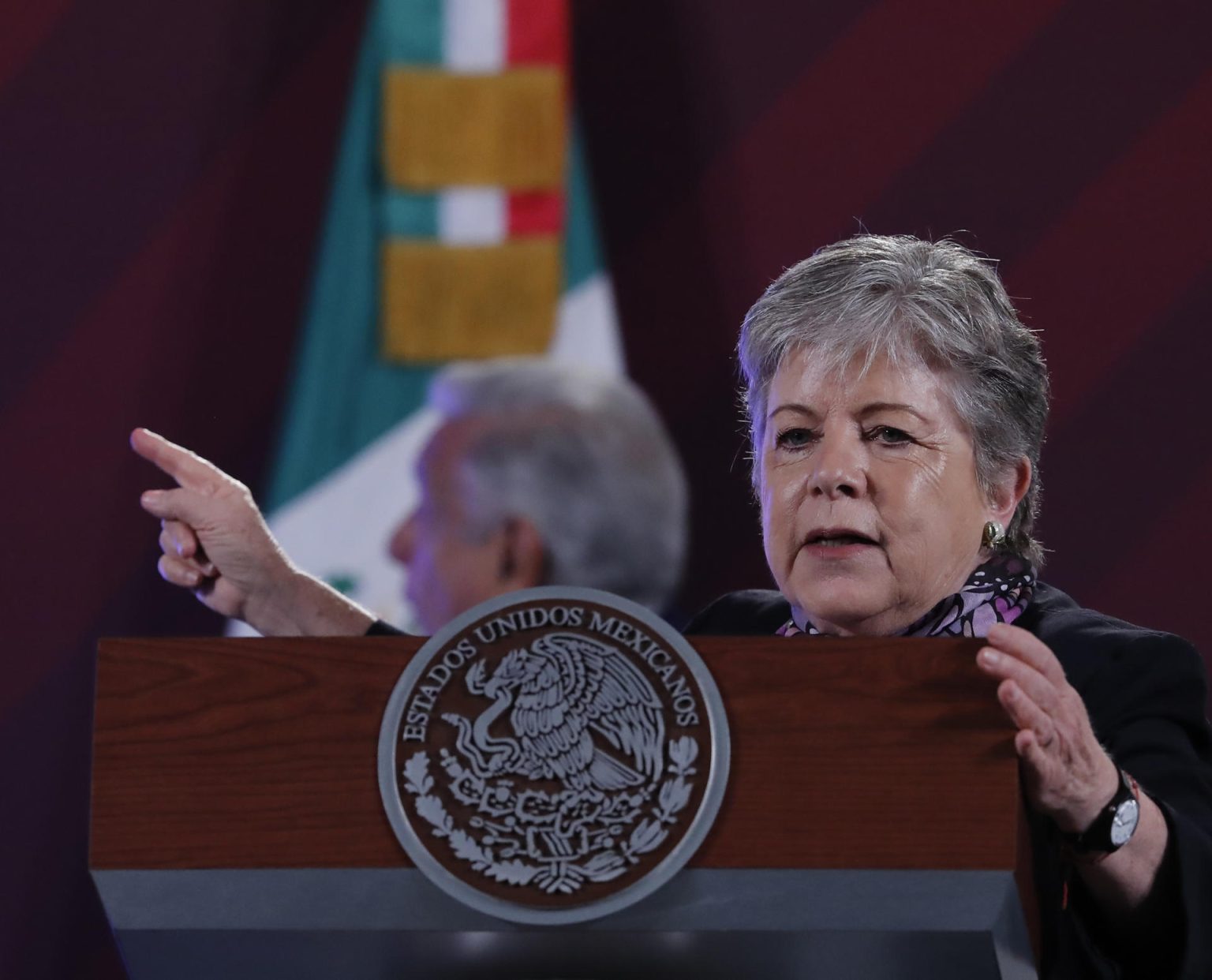 La secretaria mexicana de Relaciones Exteriores, Alicia Bárcenas, habla durante la rueda de prensa matutina de la Presidencia, hoy, en el Palacio Nacional de la Ciudad de México (México). EFE/ Mario Guzmán