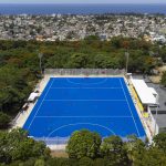 Fotografía área tomada el pasado 27 de junio en la que se registró el partido de Cuba y México, durante la ronda preliminar del hockey femenino de los Juegos Centroamericanos y del Caribe, en Santo Domingo (República Dominicana). EFE/Orlando Barría