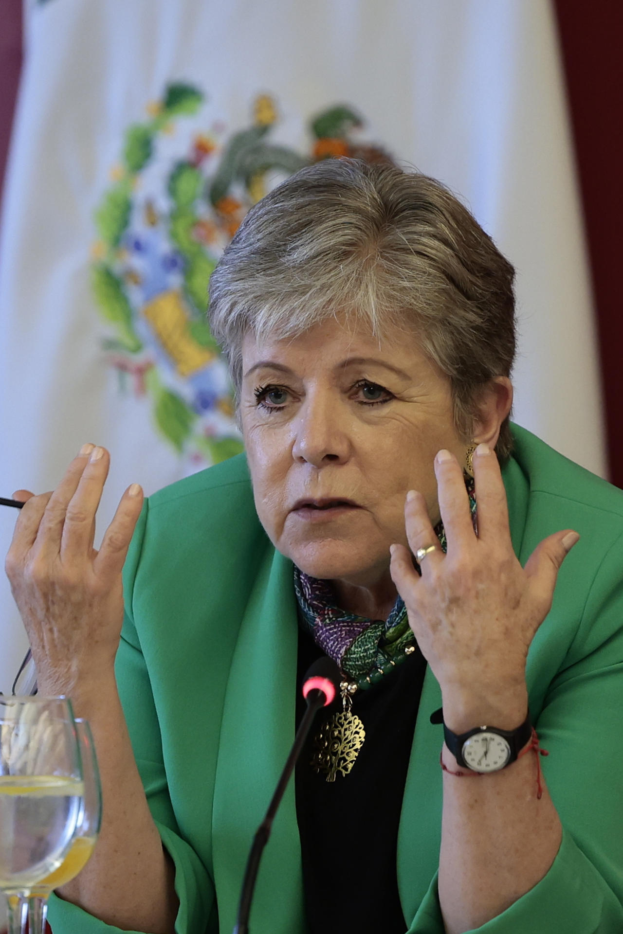 La canciller mexicana, Alicia  Bárcena, habla hoy durante una conversación con la prensa en Ciudad de México (México). EFE/José Méndez