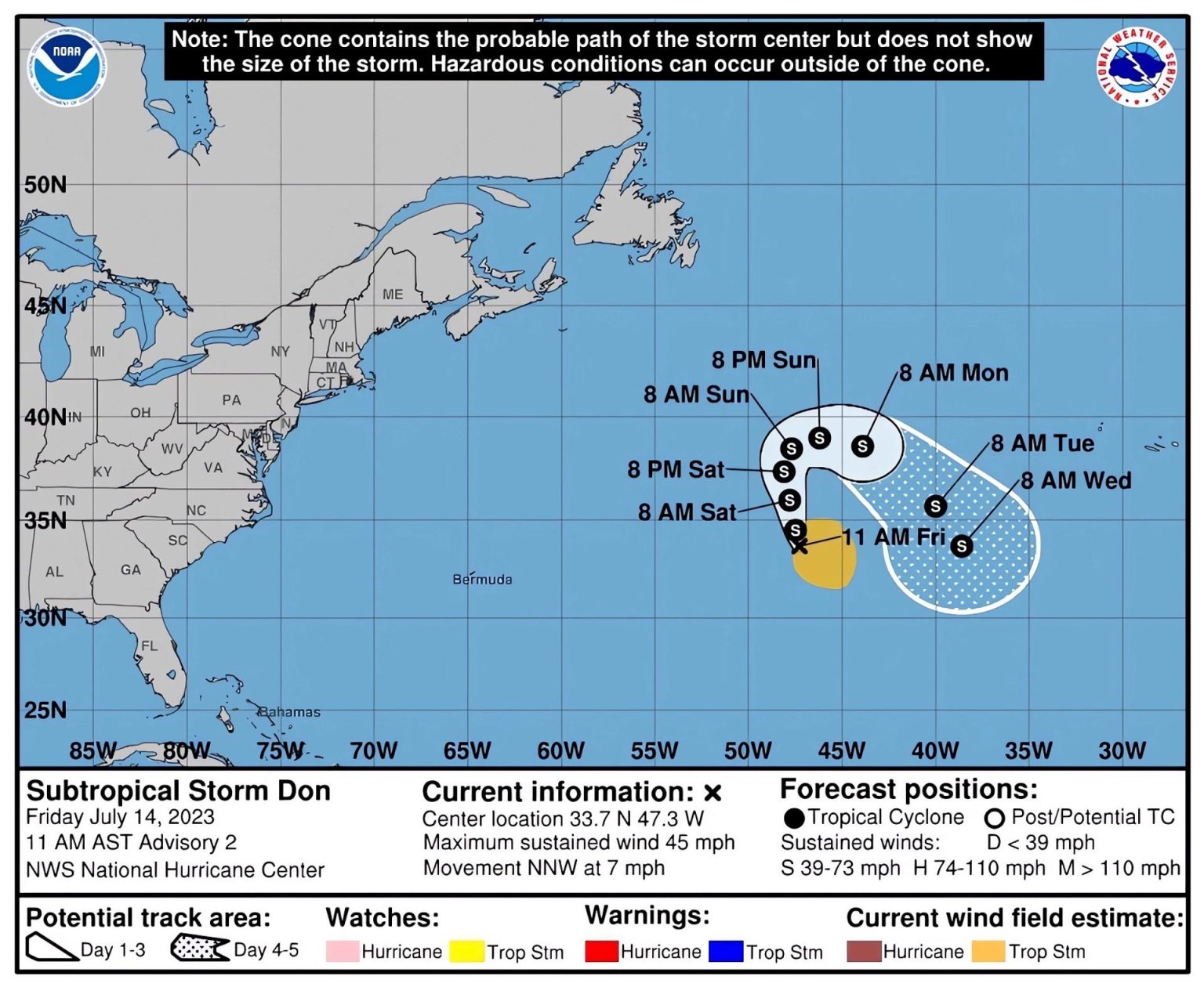 Imagen cedida por el Centro Nacional de Huracanes (NHC) de Estados Unidos donde se muestra el pronóstico de la trayectoria de la tormenta subtropical Don en el Atlántico.EFE/ NHC/ SOLO USO EDITORIAL/ SOLO DISPONIBLE PARA ILUSTRAR LA NOTICIA QUE ACOMPAÑA (CRÉDITO OBLIGATORIO)