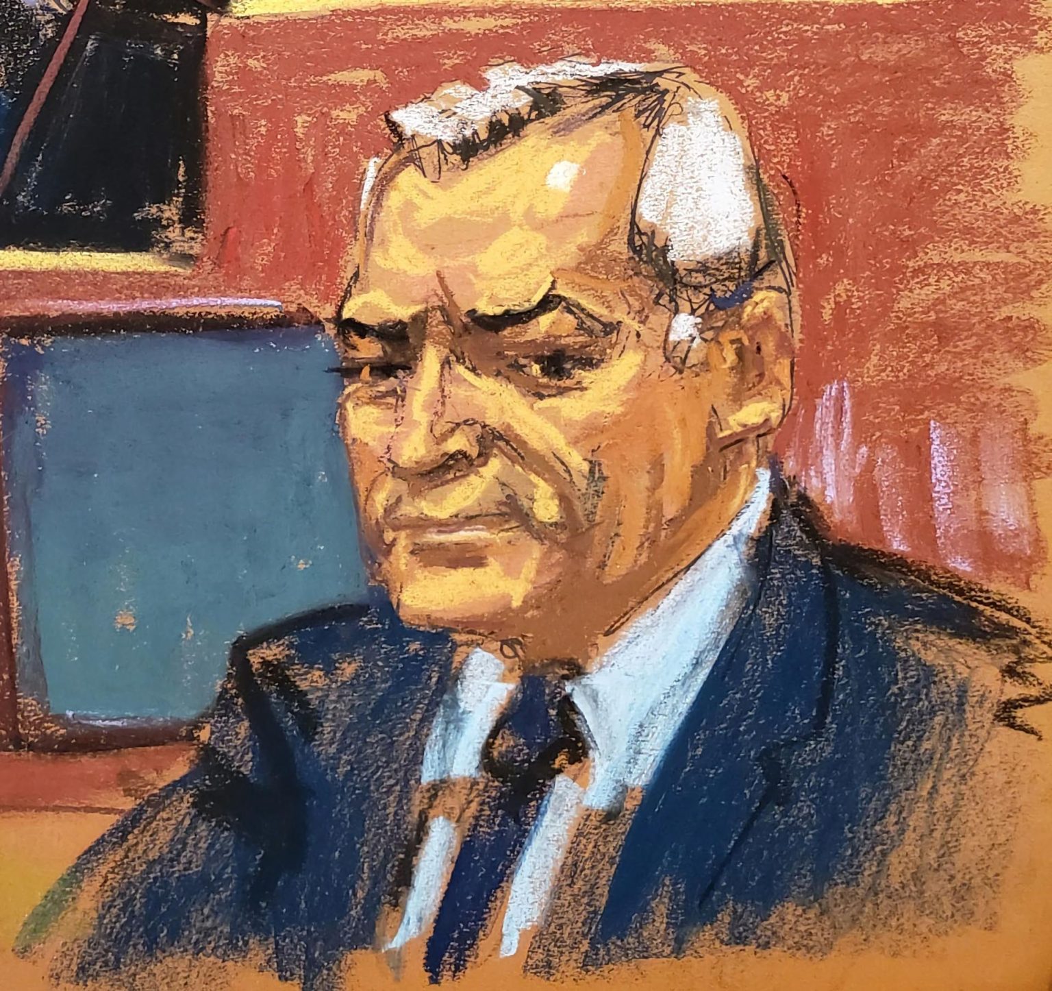 Reproducción fotográfica de un dibujo realizado por la artista Jane Rosenberg donde aparece el ex secretario de Seguridad Pública mexicano, Genaro García Luna, durante su comparecencia en juicio en el Tribunal Federal del Este de Nueva York, situado en el distrito de Brooklyn. Imagen de archivo. EFE/Jane Rosenberg