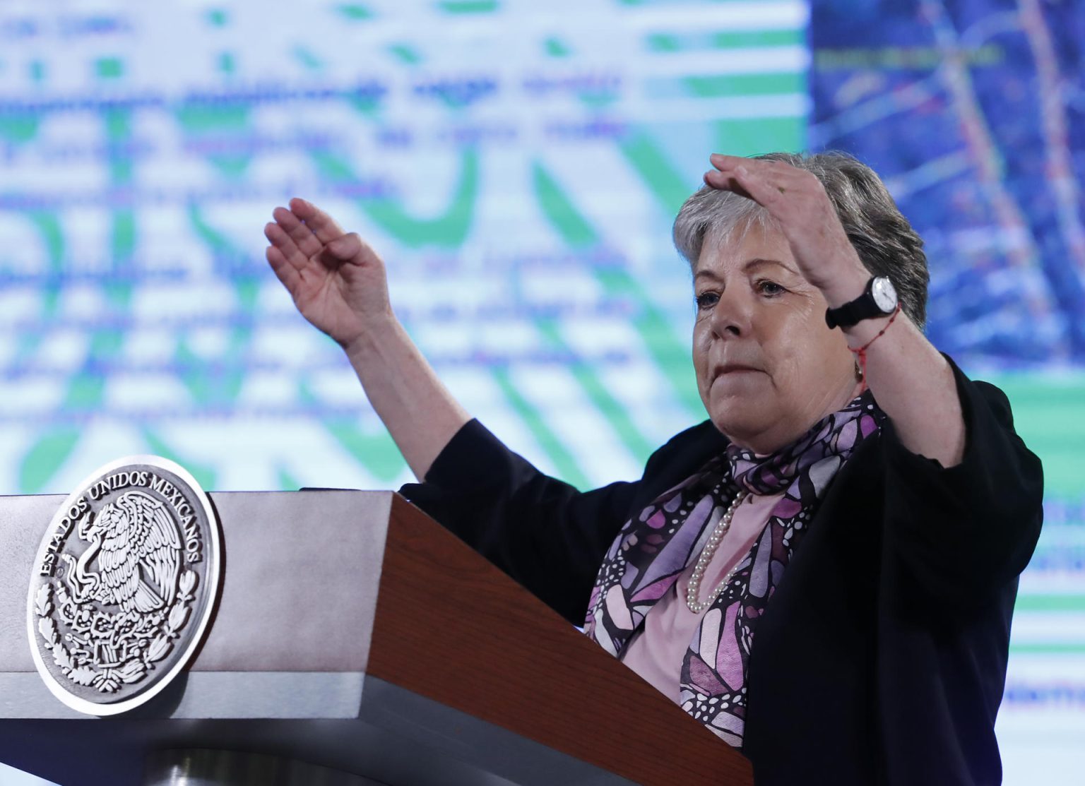 La secretaria mexicana de Relaciones Exteriores, Alicia Bárcenas, habla durante la rueda de prensa matutina de la Presidencia, hoy, en el Palacio Nacional de la Ciudad de México (México). EFE/ Mario Guzmán