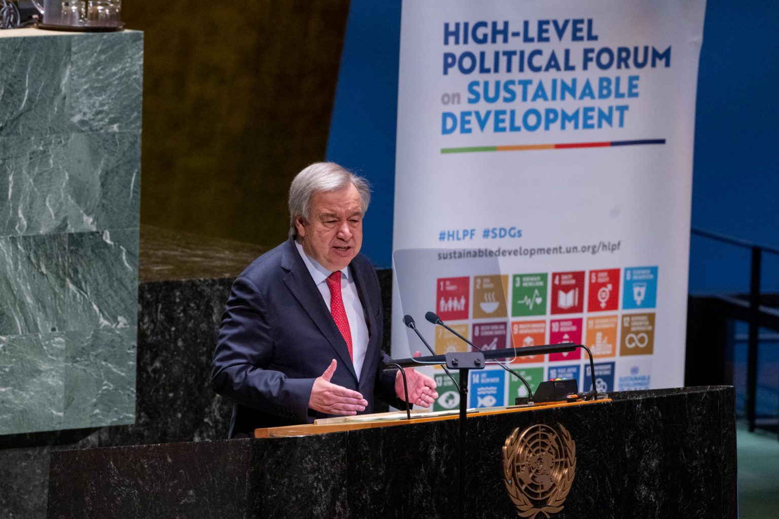 Fotografía cedida por la ONU donde aparece su secretario general, António Guterres, mientras habla durante la apertura del "Foro Político de Alto Nivel sobre el Desarrollo Sostenible" hoy, en la sede del organismo internacional en Nueva York (Estados Unidos). EFE/ Eskinder Debebe /ONU/ SOLO USO EDITORIAL/ SOLO DISPONIBLE PARA ILUSTRAR LA NOTICIA QUE ACOMPAÑA (CRÉDITO OBLIGATORIO)