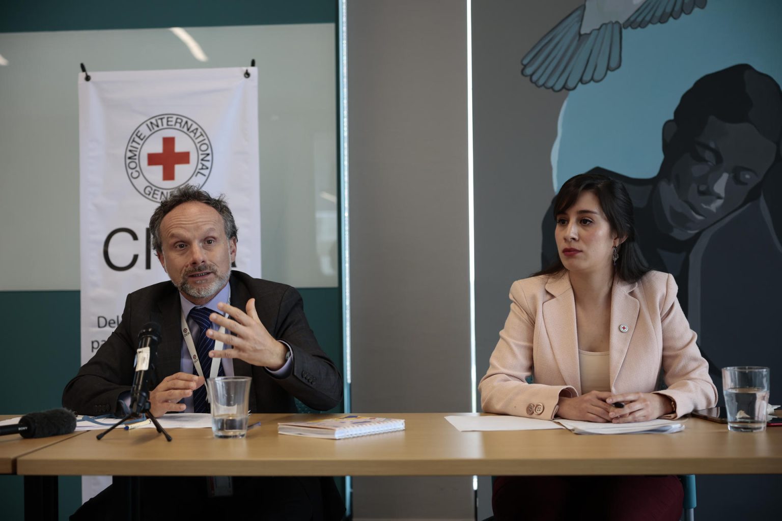 El jefe de la delegación para México y América Central del Comité Internacional de la Cruz Roja (CICR), Olivier Dubois (i), acompañado de la coordinadora regional adjunta de Protección a Migrantes y Desplazados Internos, Daniela Gutiérrez (d), participan hoy, durante la presentación de la plataforma RedSafe, en un acto celebrado en Ciudad de México (México). EFE/José Méndez