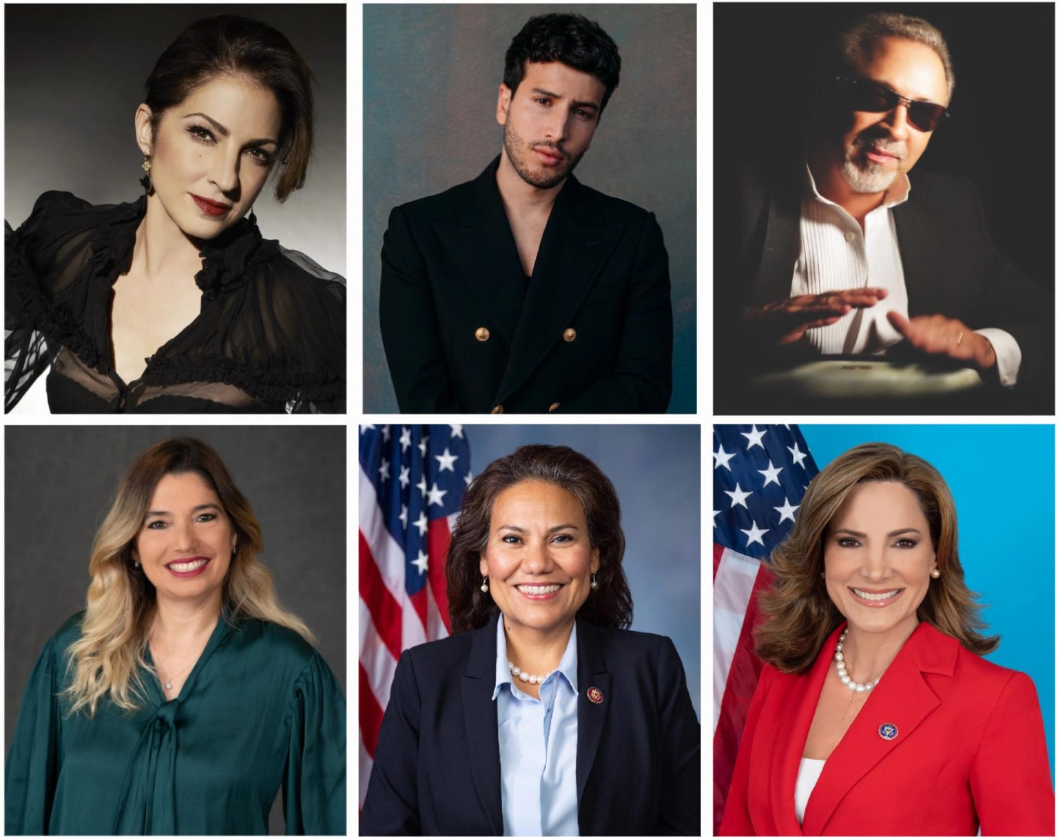 Composición de fotografías personales cedidas por la Asociación de la Industria de la Grabación de Estados Unidos (RIAA) donde aparecen la cantante Gloria Estefan (arriba-i), el cantante Sebastián Yatra(arriba-v), el productor musical, Emilio Estefan (arriba-d), la vicepresidenta ejecutiva y directora ejecutiva de operaciones de Latin Iberia en Sony Music Entertainment, María Fernández (abajo-i), la congresista por Texas, Verónica Escobar (abajo-c) y la congresista por Florida, María Elvira Salazar (abajo-d). EFE/RIAA /SOLO USO EDITORIAL /NO VENTAS /SOLO DISPONIBLE PARA ILUSTRAR LA NOTICIA QUE ACOMPAÑA /CRÉDITO OBLIGATORIO