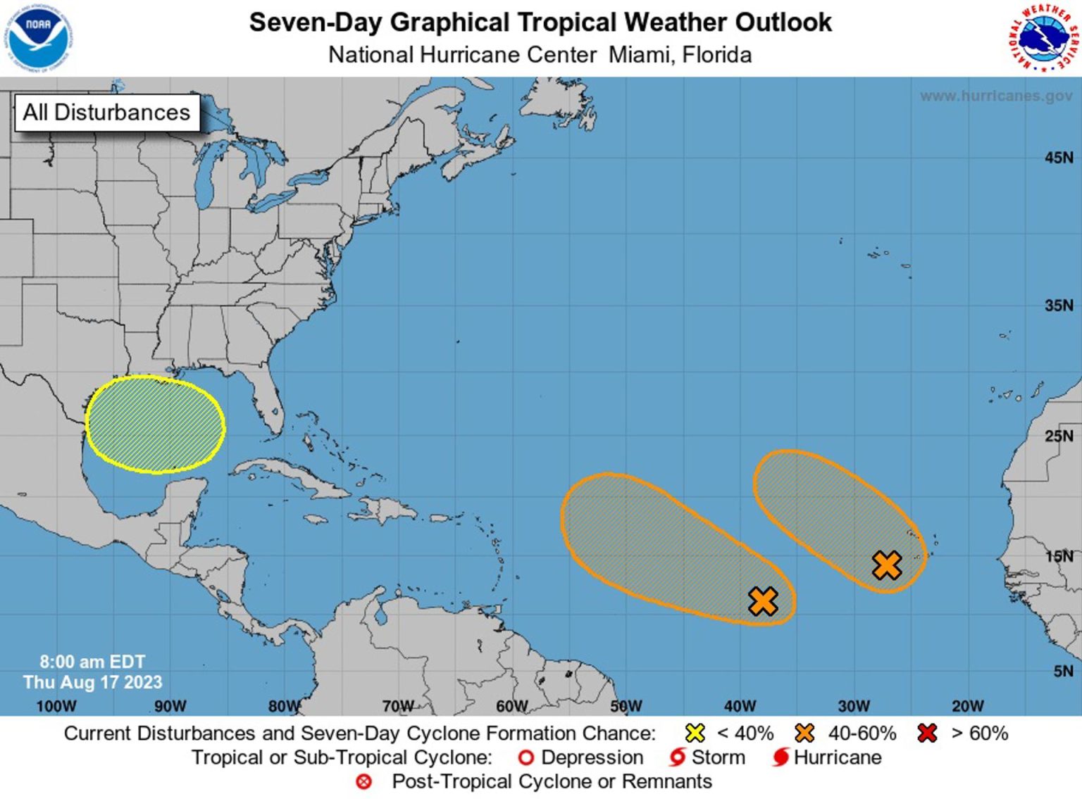 Imagen cedida hoy por el Centro Nacional de Hurcanes (NHC) de EE.UU que muestra la ubicación de tres sistemas tropicales en el Atlántico bajo vigilancia de los meteorólogos. EFE/ NHC /SOLO USO EDITORIAL /SOLO DISPONIBLE PARA ILUSTRAR LA NOTICIA QUE ACOMPAÑA (CRÉDITO OBLIGATORIO)