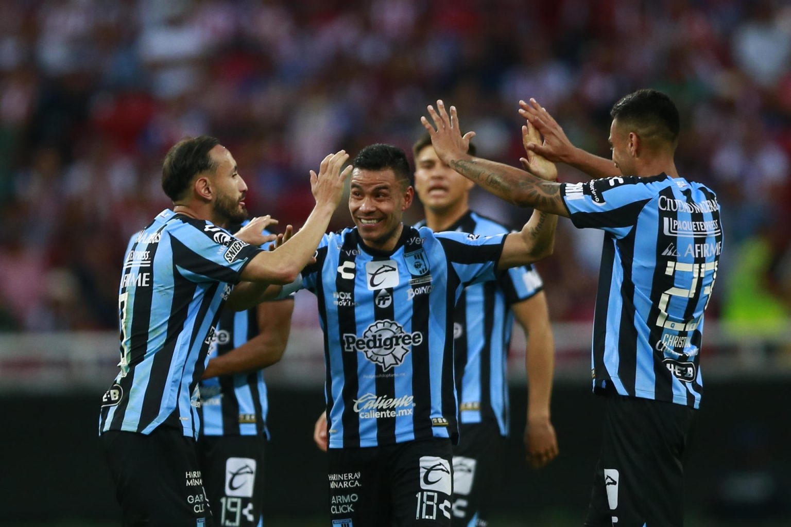 Fotografía de archivo de jugadores del Querétaro que celebran tras anotar un gol. EFE/ Francisco Guasco