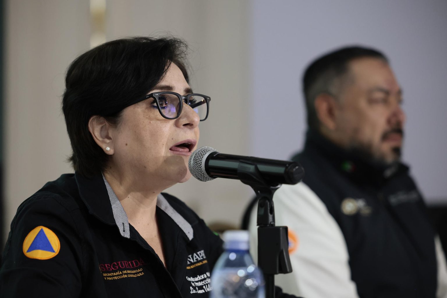 La coordinadora nacional de Protección Civil, Laura Velázquez, habla durante una rueda de prensa hoy, en Ciudad de México (México). EFE/ José Méndez