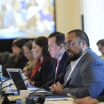 El representante permanente de Chile ante la Organización de los Estados Americanos (OEA), Sebastián Kraljevich (2d), habla durante una sesión ordinaria del Consejo Permanente celebrada hoy en la sede del organismo en Washington. EFE/Lenin Nolly