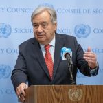 Fotografía cedida por la ONU donde aparece su secretario general, António Guterres, mintras habla durante una rueda de prensa celebrada hoy en la sede del organismo en Nueva York (EEUU). EFE/Eskinder Debebe/ONU /SOLO USO EDITORIAL/SOLO DISPONIBLE PARA ILUSTRAR LA NOTICIA QUE ACOMPAÑA (CRÉDITO OBLIGATORIO)