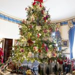 Fotografía del árbol de Navidad oficial de la Casa Blanca, un abeto fraser de 18,5 pies de altura, con una réplica de un tren de pasajeros antiguo en la base, durante una vista previa para los medios de comunicación de la exhibición navideña de la Casa Blanca de 2023, con el tema "Magia, maravilla y alegría" de las fiestas, hoy, en el Salón Azul de la Casa Blanca, en Washington (EE.UU.). EFE/ Michael Reynolds