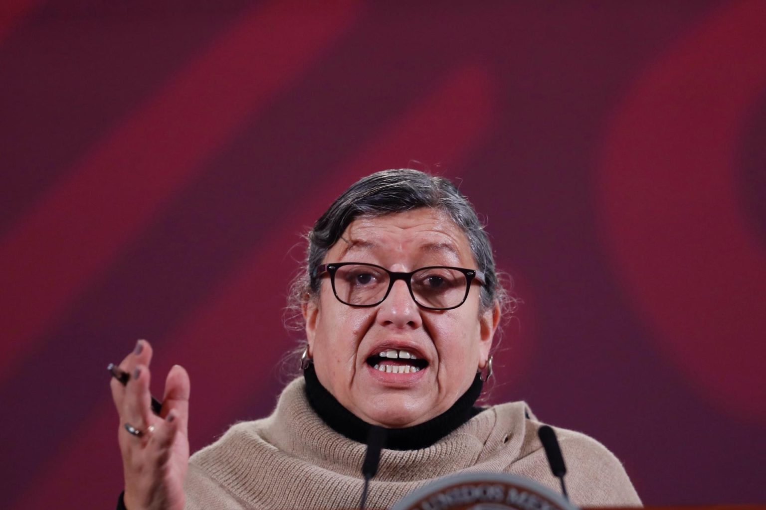 La titular de la Comisión Nacional de Búsqueda (CNB) de México,Teresa Guadalupe Reyes habla hoy, durante su participación en la conferencia matutina del presidente de México, Andrés Manuel López Obrador, en Palacio Nacional en Ciudad de México (México). EFE/Sáshenka Gutiérrez