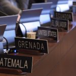 Fotografía de la placa de Guatemala durante una sesión extraordinaria del Consejo Permanente hoy en la sede del organismo en Washington (EEUU). EFE/Lenin Nolly