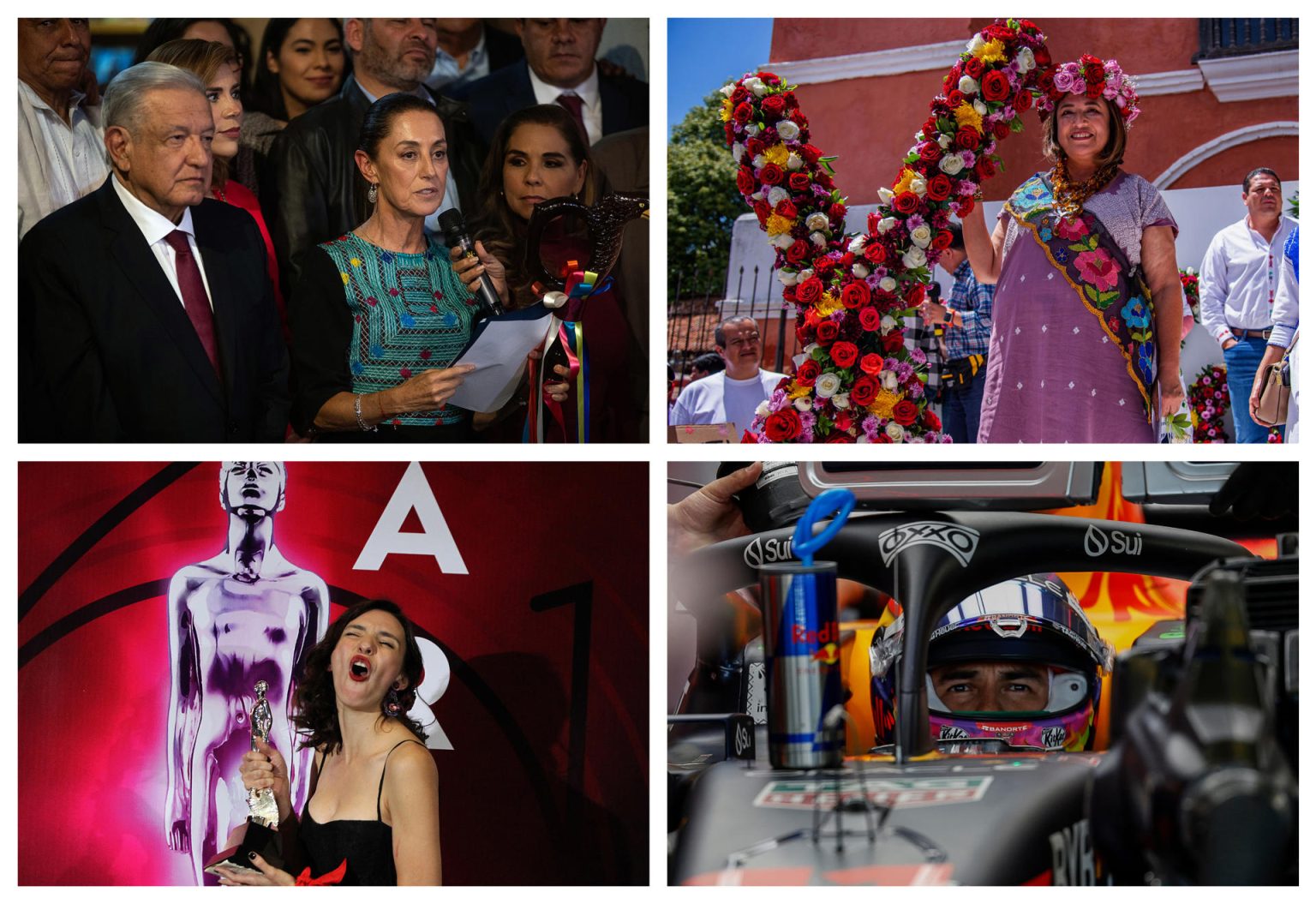 Combo de fotografías de archivo, donde se observa al presidente de México Andrés Manuel López Obrador entregando el bastón de mando a la aspirante presidencial por el oficialista Movimiento de Regeneración Nacional (Morena) Claudia Sheinbaum (i-arriba); a la candidata a la presidencia de México por el opositor Frente Amplio por México, Xóchitl Gálvez (d-arriba); la directora mexicana de cine Lila Aviles durante la 61 edición de los Premios Ariel que otorga la Academia Mexicana de Artes y Ciencias Cinematográficas (AMACC) (i-abajo), y el piloto mexicano de la Formula 1 durante el Gran Premio de la Ciudad de México (d-abajo) (México). EFE/Isaac Esquivel/Carlos López/Mario Guzmán